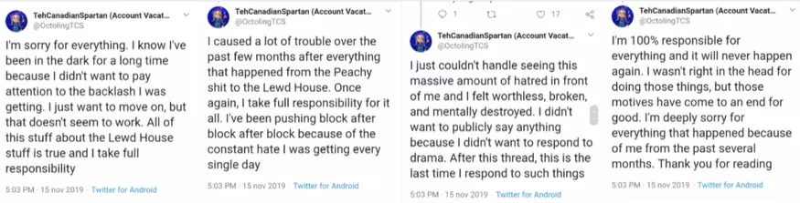 (TCS's Tweets about the Lewd House, screenshot taken from Why Are Splatoon YouTubers So Bad At Apologizing?, 0:15)