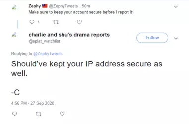 (Zoey threatening to reveal Tailasy's IP address)