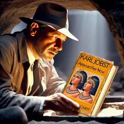 An Indiana Jones-like figure discovering a book titled _Karl Jobst approach her now_ in a dust...jpg