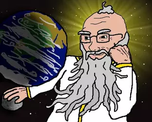 57945 - arm beard closed_mouth clothes drawn_background earth glasses god grey_hair hand moon...webp