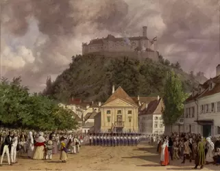 [Lost Christian Civilization] Parade zur Begrüßung des Kaisers in Laibach (Guckkastenblatt), ...webp