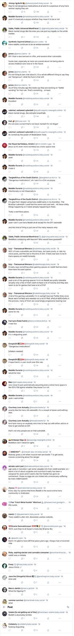 Screenshot Maddie Ouranía so they banned discussion of HRT from r_mtf it appears — Bluesky.webp