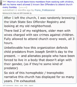 Mormon church bans trans members from working with children, yet my home ward allowed 2 known...webp